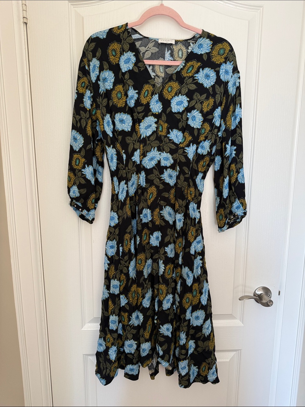 Black Floral V-Neck Midi Dress with Blue and Mustard Blooms